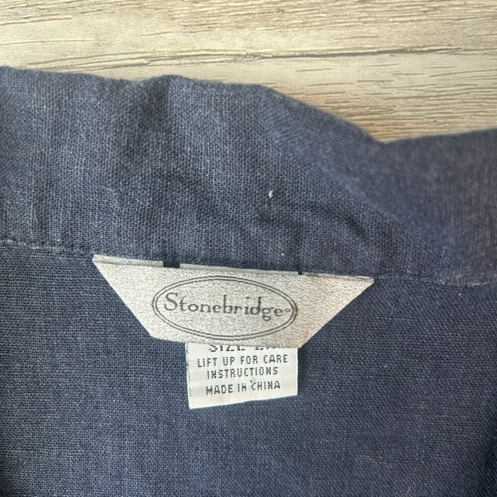 Vintage Stonebridge Linen Blend Navy Embroidered Button Down Size 2X H7 - Picture 2 of 6